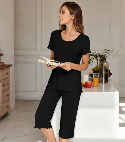 Image of NACHILA Women's Bamboo Viscose Pajama Sets Summer Cooling Short Sleeve Capri Soft Pjs Night Sweats Moisture Wicking Sleepwear
