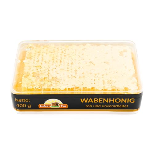 ImkerPur Akazien-Wabenhonig 400g 1er Set| Echtes Wabenstück aus zartem Bienenwachs in goldenem Akazienhonig zum Essen | Mild-aromatisch aus ungarischen Akazienwäldern direkt vom Imker in Frischebox