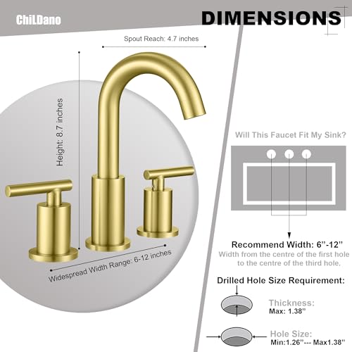 ChiLDano Brushed Gold Bathroom Faucet, 8 inch Widespread Bathroom Sink Faucet 3 Hole with Drain and Hose, Gold Bathroom Faucet CH2183BG