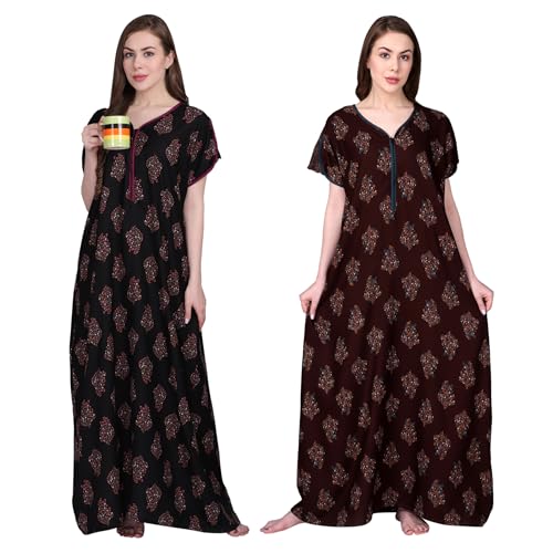 Image of Women's Alpine Botanical Leaves Print Maxi Nightgown with Pocket