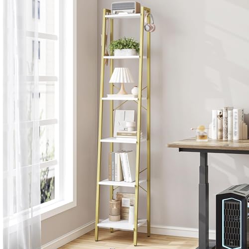 Image of Hzuaneri Ladder Shelf, Bookshelf Bookcase, Freestanding Corner Storage Shelve with 2 Hooks for Home Office, Living Room, Kitchen, Bedroom, Industrial, 6-Tier White Gold BC13313G