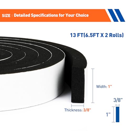 Image of MAGZO Weather Stripping Door Seal,1 Inch Wide X 3 /8 Inch Thick Adhesive Foam Tape Soundproof Weatherstripping for Windows, 2 Rolls Total 13FT Black
