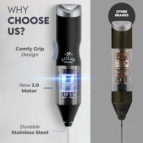 Image of Zulay Kitchen Powerful Frother Wand AA Batteries Included, Ultra Fast Handheld Drink Mixer, Comfort Milk Frother, Stainless Steel Whisker, Frother Handheld for Coffee, Protein & Matcha - Frothmate 2.0