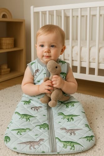 Image of TuddyBuddy Baby Cotton Wearable Quilted Sleeping Bag Blanket 1.5 Tog with 1 Way Zipper Closure | Ideal for Babies & Kids Hypoallergenic Fabrics | (Blue Dino AOP, 6-12 Months)