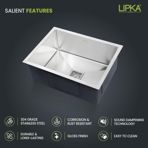 Image of LIPKA 24x18x10 inches Handmade Single Bowl Kitchen Sink | 304-Grade Stainless Steel Sink with Brushed Matte Finish | Kitchen Sink Including Coupling, Silver