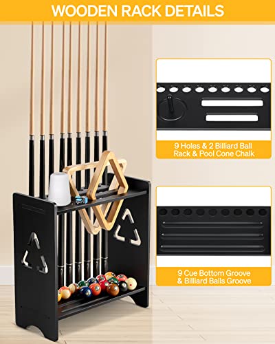 Pool Stick Holder Floor Stand- Billiards Pool Cue Rack Oak Solid Wooden Holds 9 Cues and Pool Table Accessories Organizer with Chalk Cone Holder for Game Room Club or Men Cave