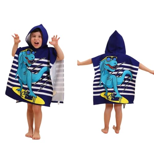 Image of TONY STARK Poncho Towel for Kids, Beach Towel with Hoodie, 60x60cm Travel Towel for 1-7 Years Girls and Boys, Soft Microfiber Sleeved Poncho (Dino Surfer)
