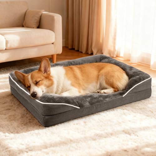 Sicilaien Dog Bed for Small Medium Dogs, Orthopedic Dog Sofa Bed Rectangle Pet Bed Washable Dog Bed Cozy Faux Fur Large Dog Bed Cushion, Dark Grey, Medium(72 * 53cm)