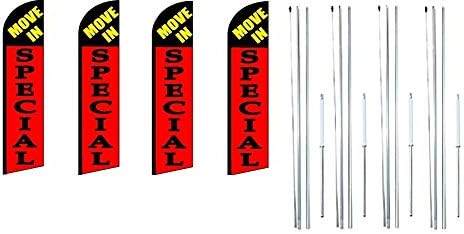 OnPoint Wares Move In Special Flag (Red) – King Feather Outdoor Advertising Banner, Weatherproof Polyester, Pack of 4 (with Complete Hybrid Pole Set)