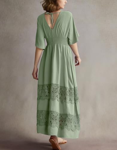 Image of Olaesa Boho Maxi Dress V Neck Short Sleeve Lace Smocked Waist Flowy Dress | Wedding Guest Dress with Pockets, Summer Bohemian Vacation Dress, Elegant Party Dress for Family photo& Baby Shower