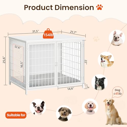 MAHANCRIS Hundekäfig Möbel, 80 cm Hundebox mit Kissen, 2 Tür, Doppeltür, Holzwerkstoff, für Kleine/Mittelgroße/Große Hunde, 80 x 55 x 65 cm, Hundekäfig für Zuhause, Weiß ADCBW0701