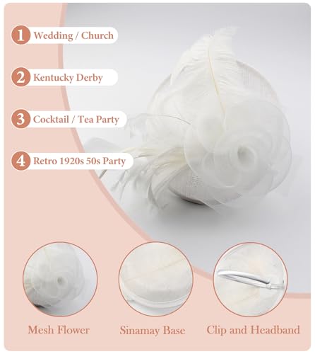 Z&X Sinamay Fascinator Pillbox Hats for Women Feather Flower Church Derby Headband Clip Wedding Tea Party Hat White - Thumbnail 3
