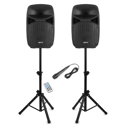 Vonyx VPS102A 10 Active DJ PA Speaker System with Bluetooth USB/SD MP3 Playback Adjustable Sound Control Active/Passive Pair with Microphone & Speaker Stands Included