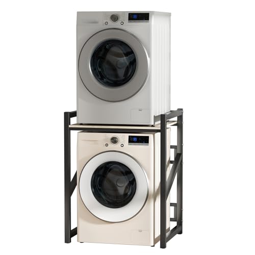 Washer Dryer Stand Stacking Kits Height Adjustable Washing Machine Shelf Over Washer Storage Rack Tumble Dryer Stand Washer Shelf for Laundry Bathroom Up to 250KG (Black)