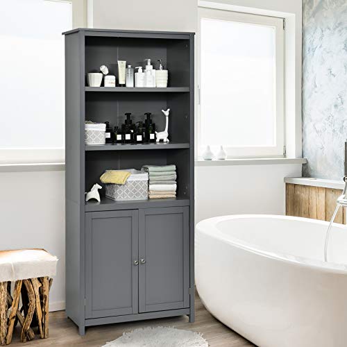 COSTWAY Wooden Storage Cabinet, Floor Standing Cupboard Tall Sideboard with 3-Tier Open Shelves and 2 Doors, Home Living Room Entryway Hallway Display Organiser Unit (Grey)