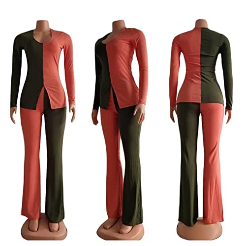 Casual 2 Piece Outfit Sets For Women Color Block Long Sleeve Tops + Flare Pants Tracksuit Sweatsuit #TOP1