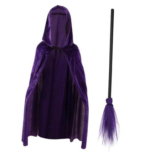 SHERCHPRY Halloween Costume Purple Broom and Cape Set Cosplay Prop Hooded Cloak for Parties
