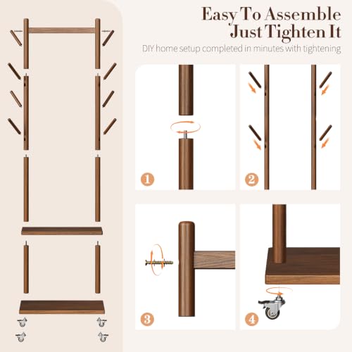 Yoobure Solid Wood Coat Rack Freestanding - Rolling Clothes Rack with 8 Hooks & Shelves, Small Clothing Rack with Wheels, Heavy Duty Clothing Racks for Hanging Clothes, Portable Hall Tree for Entryway by Yoobure - Used condition - Image 6