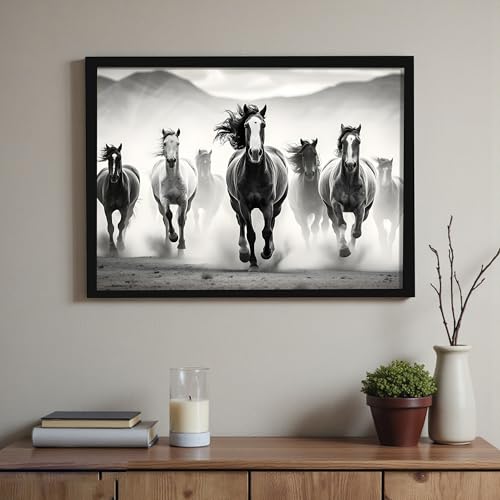 Image of 7 Running Horses Vastu Framed Wall Art Painting For Living Room | Black & White Horse Painting With Frame| Premium Wall Art for Home & Office, 14x18 Inch