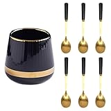 6PCS Coffee Spoons with Ceramic Jar Holder, Small Stainless Steel Gold Tea spoons, Mini Dessert Spoons Set for Fruit, Stirring, Mixing, Sugar, Ice Cream, Cake (Gold Black)
