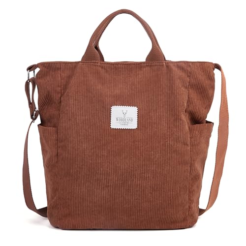 Woodland Corduroy Shoulder And Tote Bags For Women, Handbags For Women Girls Large Capacity Bag With Inner Pocket, Lightweight, Foldable Bag Perfect as Schoolbag, Shopping, Travel (Brown Large)