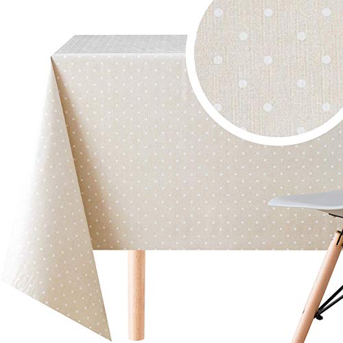 KP HOME Toalha de mesa PVC retro padrão de bolinhas bege - fácil de limpar, toalha de mesa oleado mesa quadrada 140x140 cm mesa vintage pontos polacos brancos em fundo bege oleados para mesas quadrado
