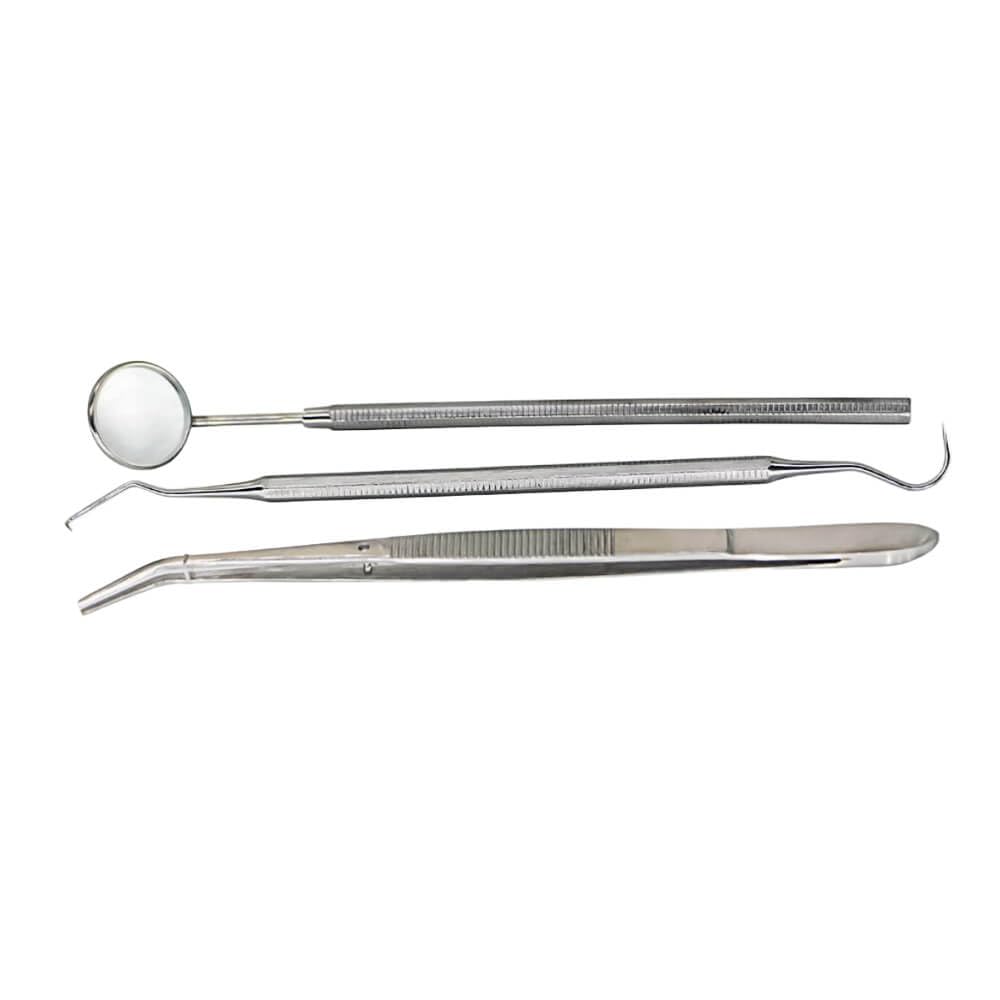 Kit professionale per l'igiene orale, set da 3 pezzi: specchio, esploratore e pinzette (confezione da 10)