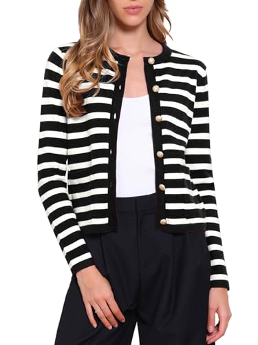 Allegra K Striped Cardigan Sweaters for Women's Lightweight Crew Neck Button Down Knit Jackets