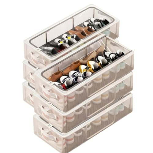 Image of RENVA 5 Pcs Foldable Transparent Shoe Storage Box with Handle & Zipper | Stackable Design, Organiser for Home, Clear Visibility, Space-Saving, Shoe Rack