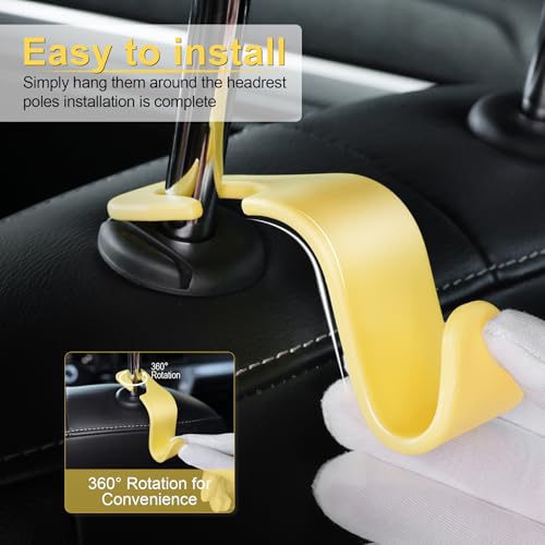 Image of LivTee Car Seat Headrest Hook, Car Headrest Hidden Hook, 4 Pack Universal Auto Car Back Seat Hook Organizer for Purse Coat, Car Interior Accessories (Yellow)
