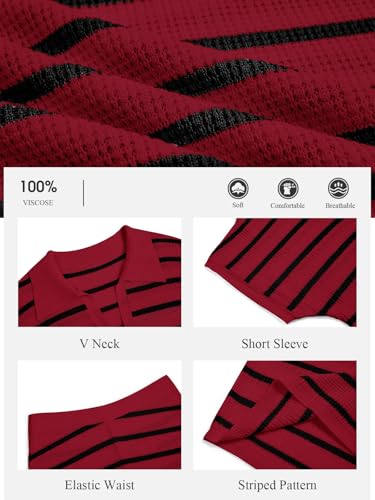 Image of Tankaneo Womens 2 Piece Outfits Striped Knit Summer Sets V Neck Short Sleeve Tops and Shorts Lounge Matching Set