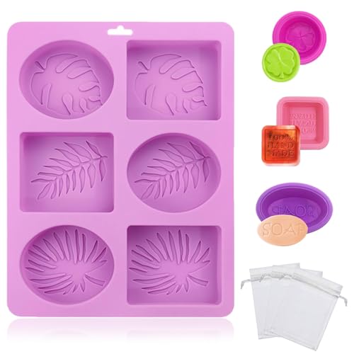 1 molde de jabón de silicona morado, 6 moldes para jabón, molde hecho a mano con hojas, molde de jabón con 3 malla espumosa, 3 moldes pequeños de silicona, juego de fabricación manual para velas