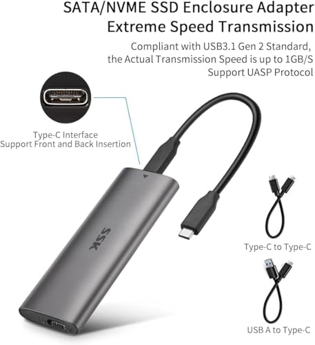 Image of SSK M.2 to USB NVMe SATA SSD Enclosure Reader,Portable USB 3.1 Gen 2(10Gbps) to NVME PCI-E M-Key Solid State Drive External Adapter Support UASP(Fits only M.2 NVMe SSDs 2242 /2260 /2280)