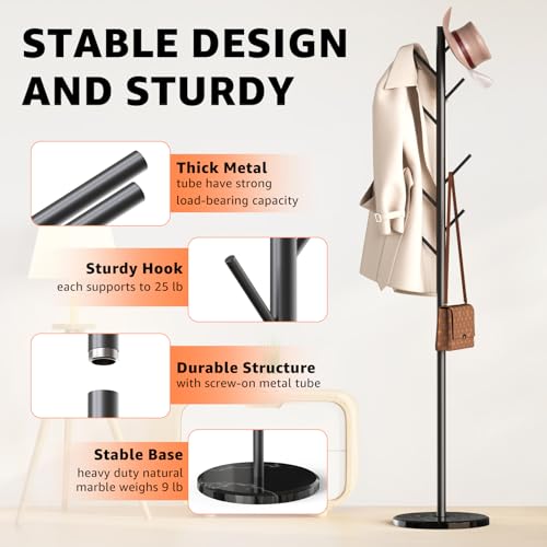 Coat Rack with Natural Marble Base, Metal Freestanding Coat Rack with 8 Hooks, 3 Adjustable Size Sturdy Coat Tree for Bags, Coats, and Hats for Entryway, Hallway, Bedroom, Office, Black - Image 5