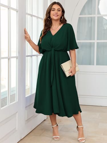 Image of SCOMCHIC Women Plus Size Midi Dresses Wedding Guest Short Sleeve V Neck Tie Waist Casual Summer Flowy A Line Dress