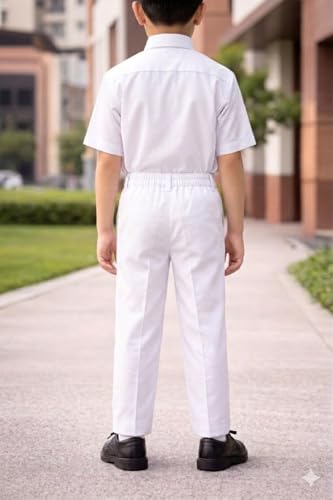 Image of Boys' School Uniform Trousers, White, Cotton Blend, Half-Elastic Waist with 2 Pockets
