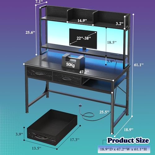 Image of DurayLoly Computer Desk with Shelves and Drawers for Bedroom,Black | Neck&Waist Strain Relief Monitor Stand, Vision-protect RGB LED Suited for Students&Office Sitters