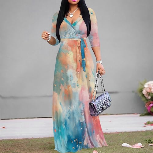 Image of PinkPatty Women's Print Maxi Dresses 3 /4 Sleeve Flowy Long Dress V Neck Wrap Tie Waist Sundress
