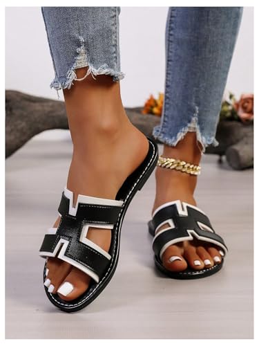 GORGLITTER Women's H Sandals Color Block Round Open Toe Dressy Flat Slides2