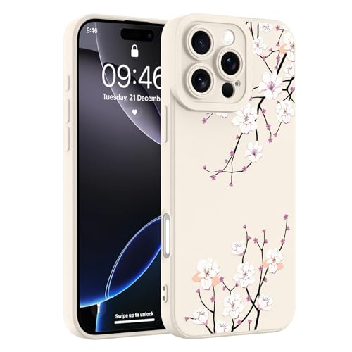 Image of Designed for iPhone 16 Pro Max Case, Cute Cherry Blossom Flower Floral Pattern Design, Slim Soft TPU Liquid Silicone Protective Cover for Women Girls - White