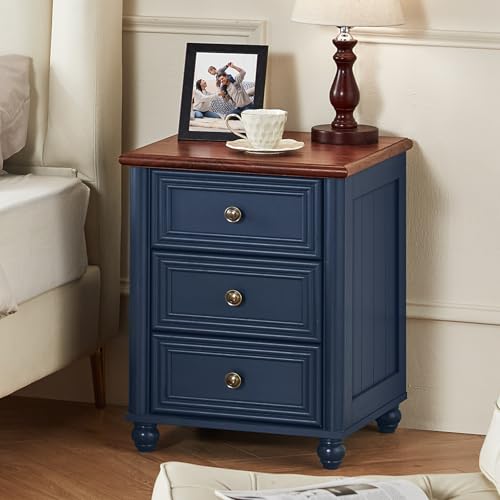 18" Farmhouse Night Stand, Blue Wood Nightstand with 3 Drawers, Bedside End Table with Storage and Roman Column, Bed Side Tables Cabinet for Bedroom, Living Room, and Closet