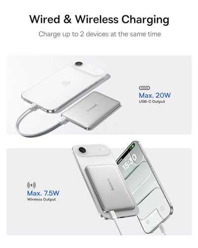 Image of Baseus Picogo Power Bank, 0.3 inch Ultra Slim 5000mAh MagSafe Battery Pack, Upgraded CCC Certified and Polished Alloy Magnetic Portable Charger, Wireless Charger for iPhone 17 /16 /15 /14 /13 /12
