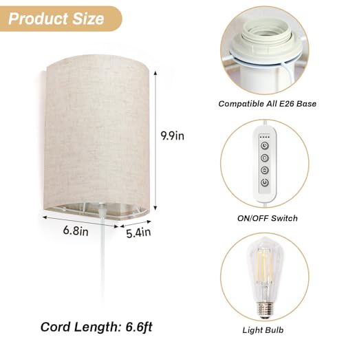 Image of FINCMY Wall Sconce Light Plug in, Dimmable Sconces Wall Decor Set of 2, Stick on Wall Lights for Bedroom Living Room Hallway, Plug in Wall Sconces with Remote, LED Bulbs Included