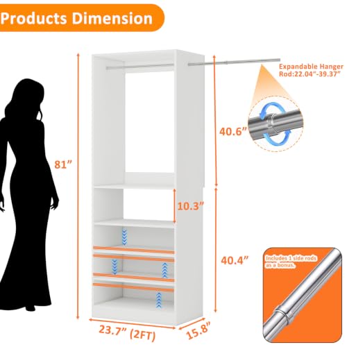 Image of 2-5FT Walk in Closet System with Adjustable Shelves, 81 inch Tall Closet Organizer System Tower with Hanging Rod, Wooden Closet Storage Cabinet, White
