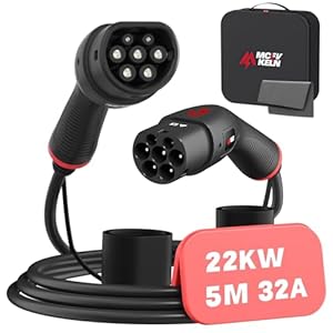 mcevkeln câble type 2 câble de recharge voiture Électrique et hybride 22kw triphasé |32a |5 mètre | type 2 à type 2 câble ev chargeur compatible avec e 208, model y/3, zoe, kona ev etc