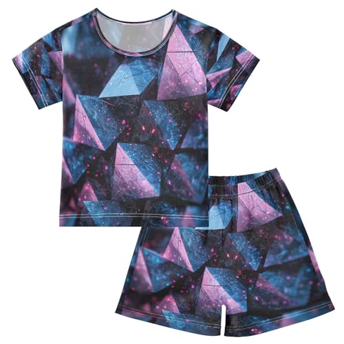 Pajama Sets Short Sleeve Pruple Blue Abstract Structure Soft Cotton Summer Sleepwear 2 Piece PJS Size 5-14T