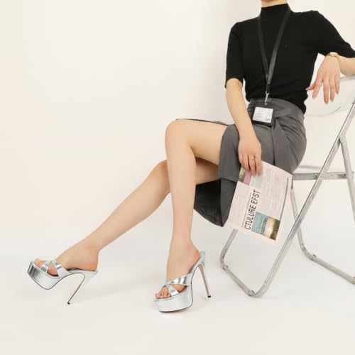 Image of Esvowido Heeled Mules for Women Cork Platform Stiletto Heels Slip on Open Toe High Heeled Sandals Crisscross Slippers Pumps Shoes