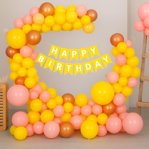 Image of Rozi Decoration Yellow & Pink Birthday Balloon Decoration Arch Kit Set of 36 Pcs - Metallic Rose Gold Balloons with Banner for Girls & Boys Party Supplies