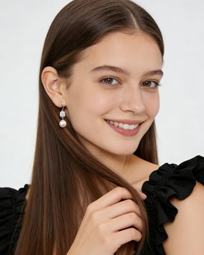 925 Sterling Silver Pearl Drop Earrings for Women, 10mm White Pearl Hypoallergenic Dangle Earrings, 14K Gold Plated CZ Jewelry for Wedding Party Daily Gift — view 3