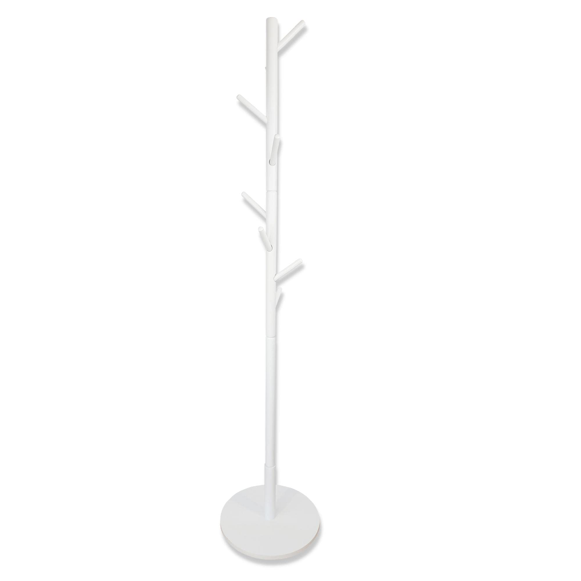 Wooden Coat Stand with Round Base, Freestanding Coat Rack, Adjustable Height Coat Tree with 8 Hooks for Hanging Clothes, Jackets, Bags, Hats (White)